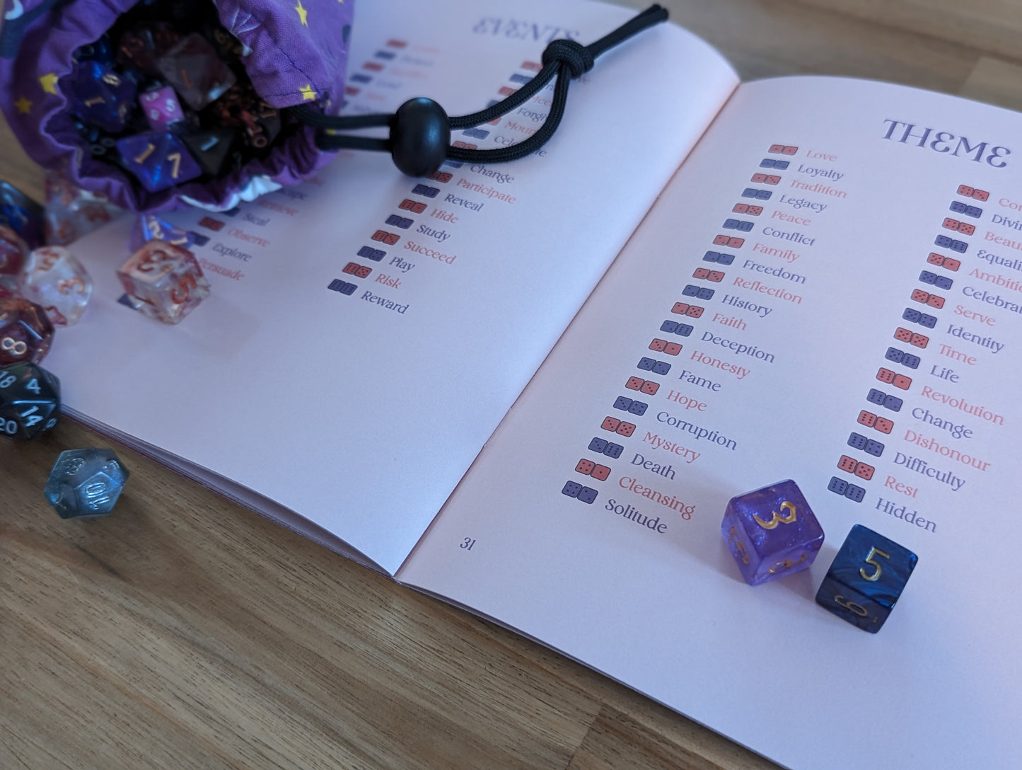 After Glow open on a table with a variety of dice poured over the pages