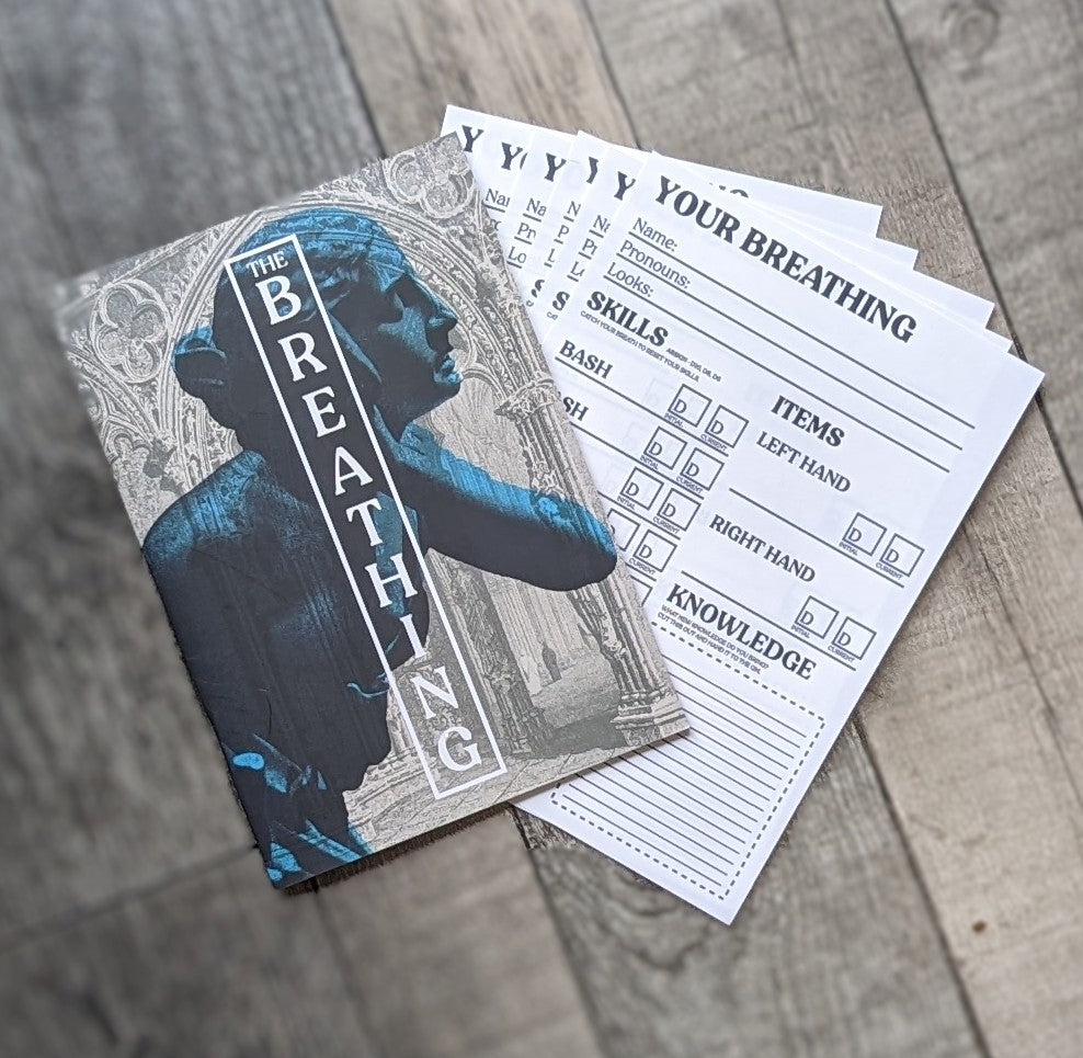 Photo of the breathing book at the 6 included character sheets